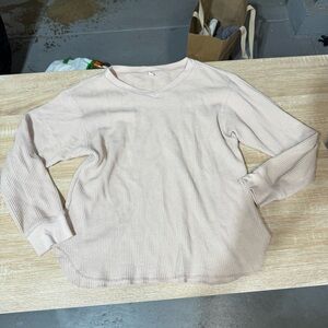 Uniqlo Light Pink Waffle Knit Thermal Cotton Blend V Neck Long Sleeve Top Small